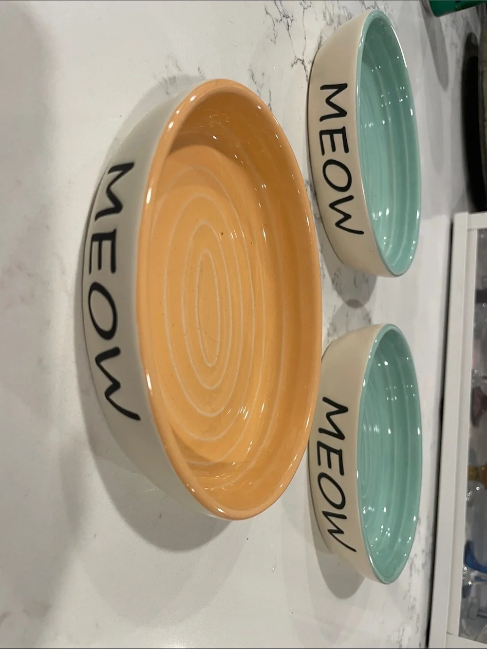 Set of Three Ceramic Pet Bowl Set in Peach and Mint 
